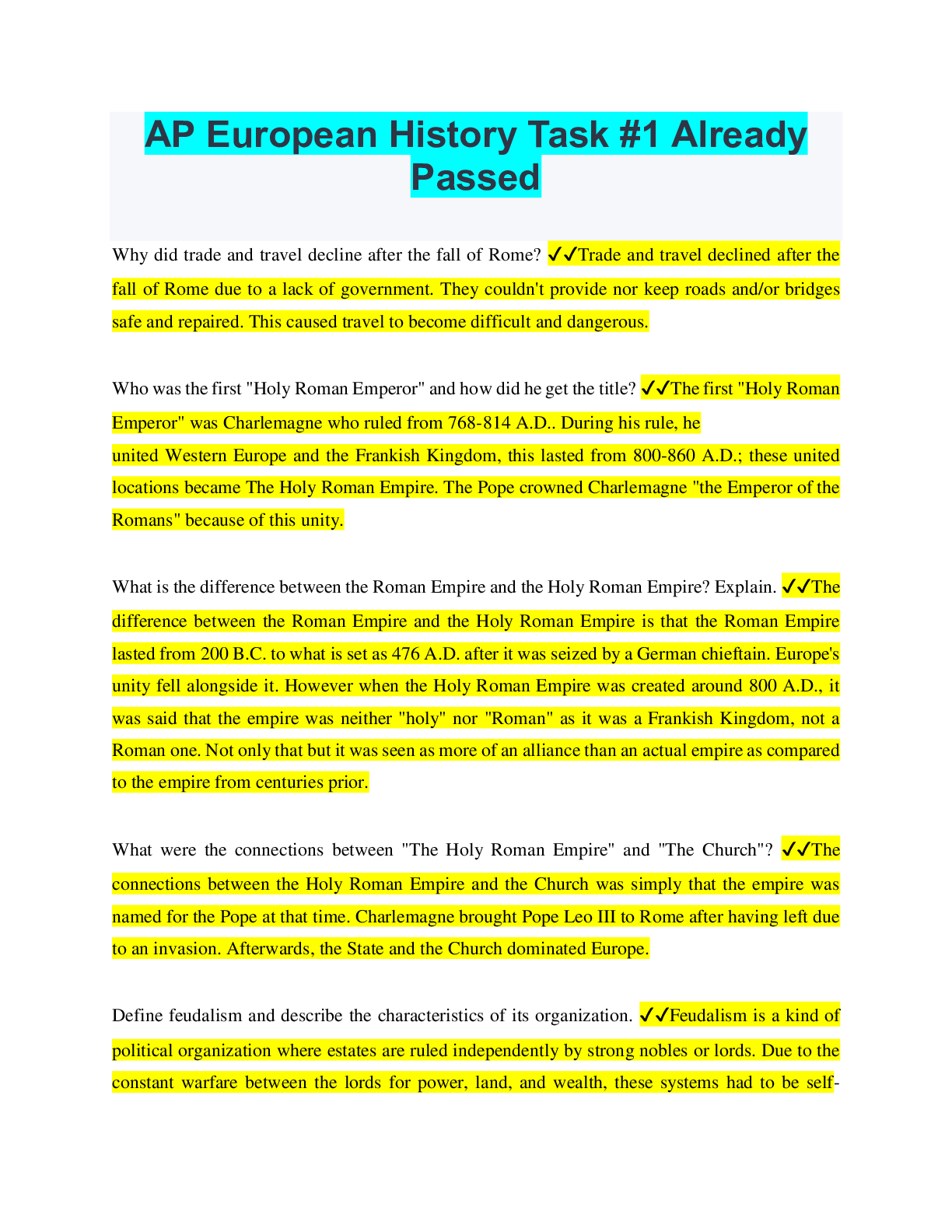 AP European History Task 1 Already Passed. Graded A